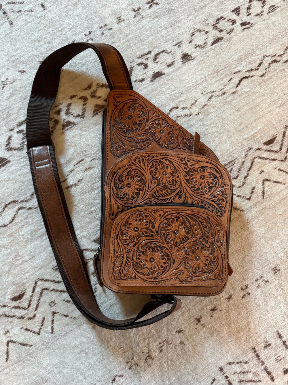 Hand-Tooled Brown Leather Sling Bag